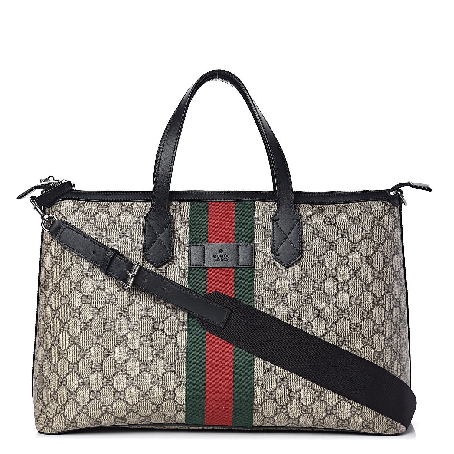 Gucci GG Supreme Monogram Web Medium Zippered Tote Beige Black 1 of 15