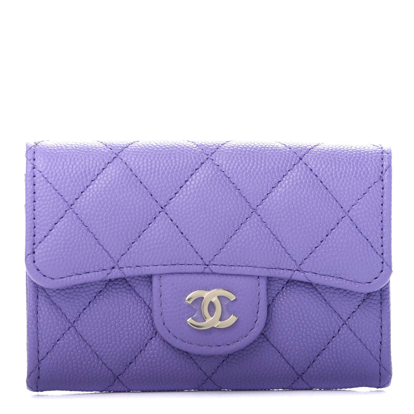 Caviar Quilted Flap Card Holder Wallet Purple