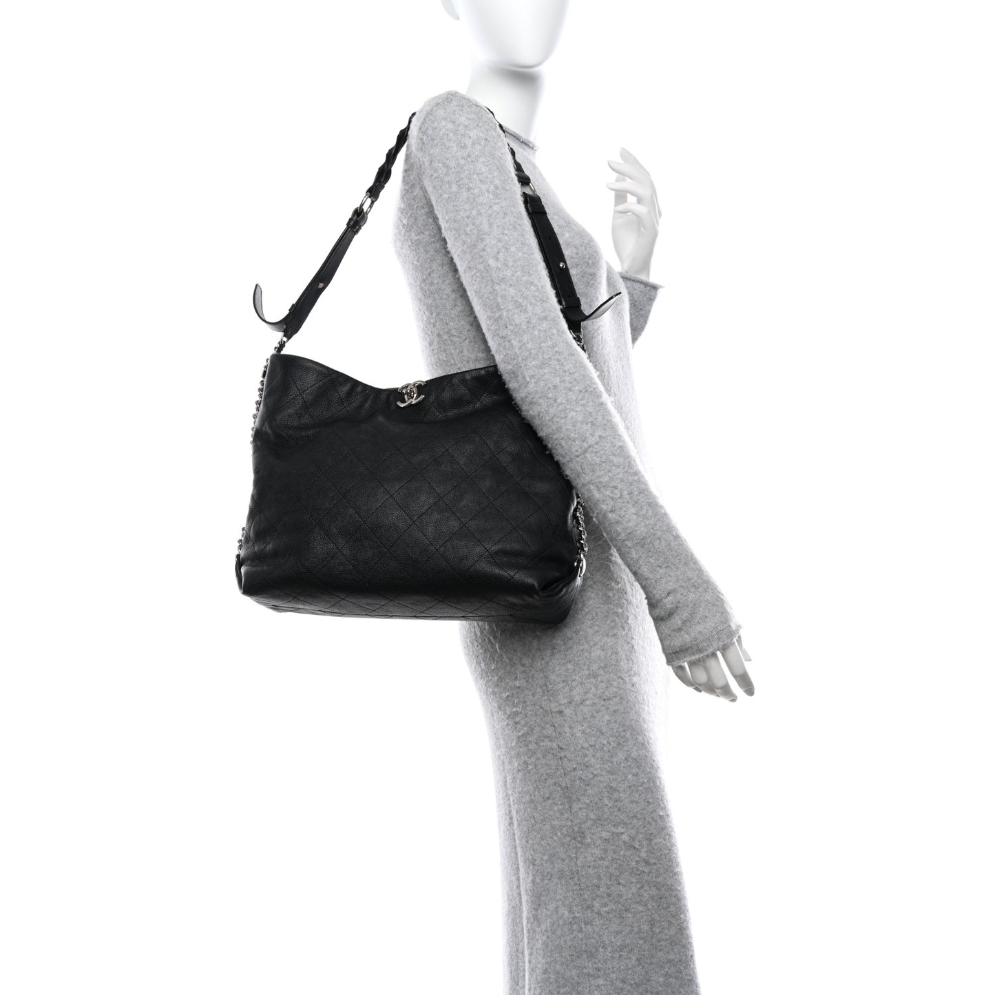 Grained Calfskin Stitched Medium Braided With Style Hobo Black