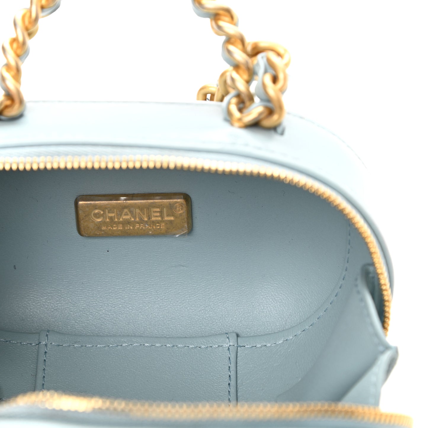 Lambskin Quilted CC Bubble Vanity Case With Chain Light Blue