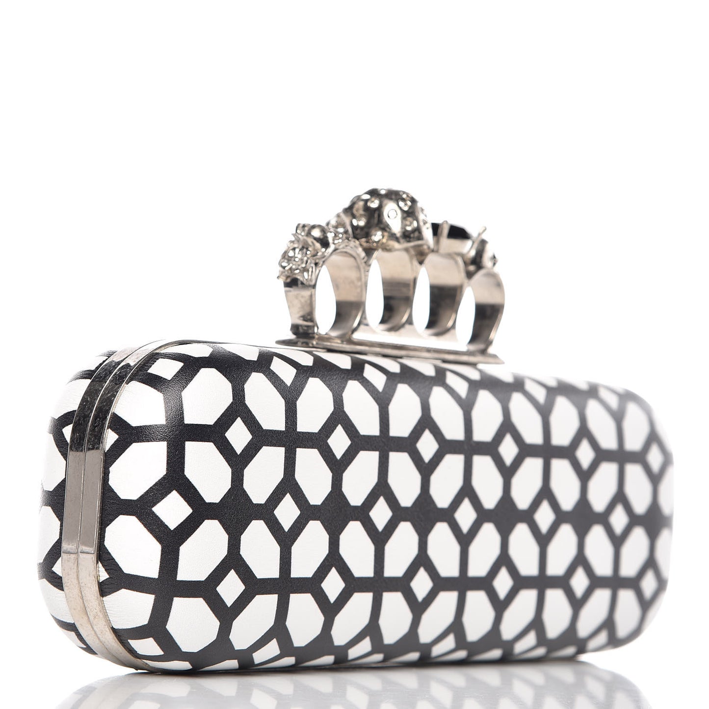 Calfskin Classic Grid Skull Knuckle Box Clutch Black White