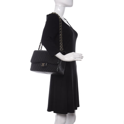 Chanel Caviar Chevron Quilted Jumbo Double Flap Black 2 of 12