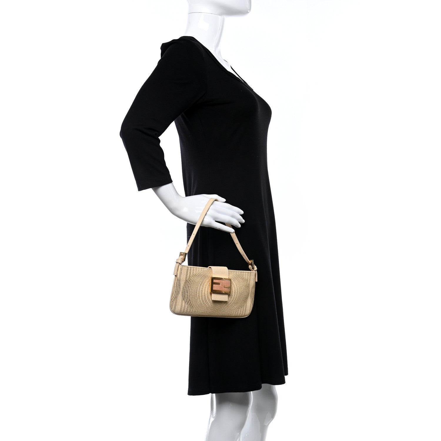 Fendi Metallic Calfskin Printed Mini Baguette Gold 2 of 14