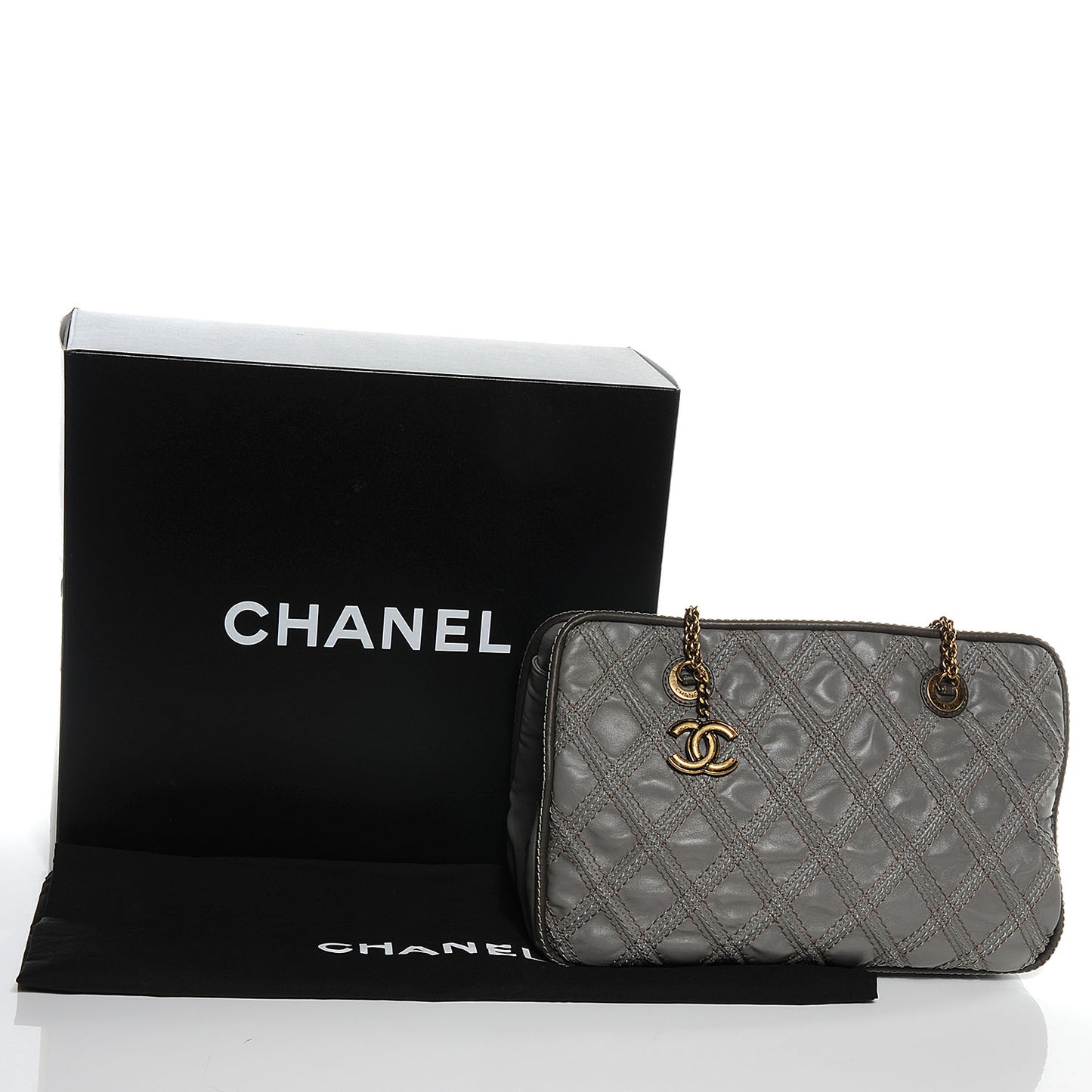 Calfskin Quilted Stitch Triptych Tote Grey