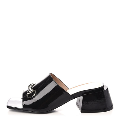 Gucci Patent Lexi Horsebit Mid-Heel Slide Sandals 37.5 Black 1 of 7