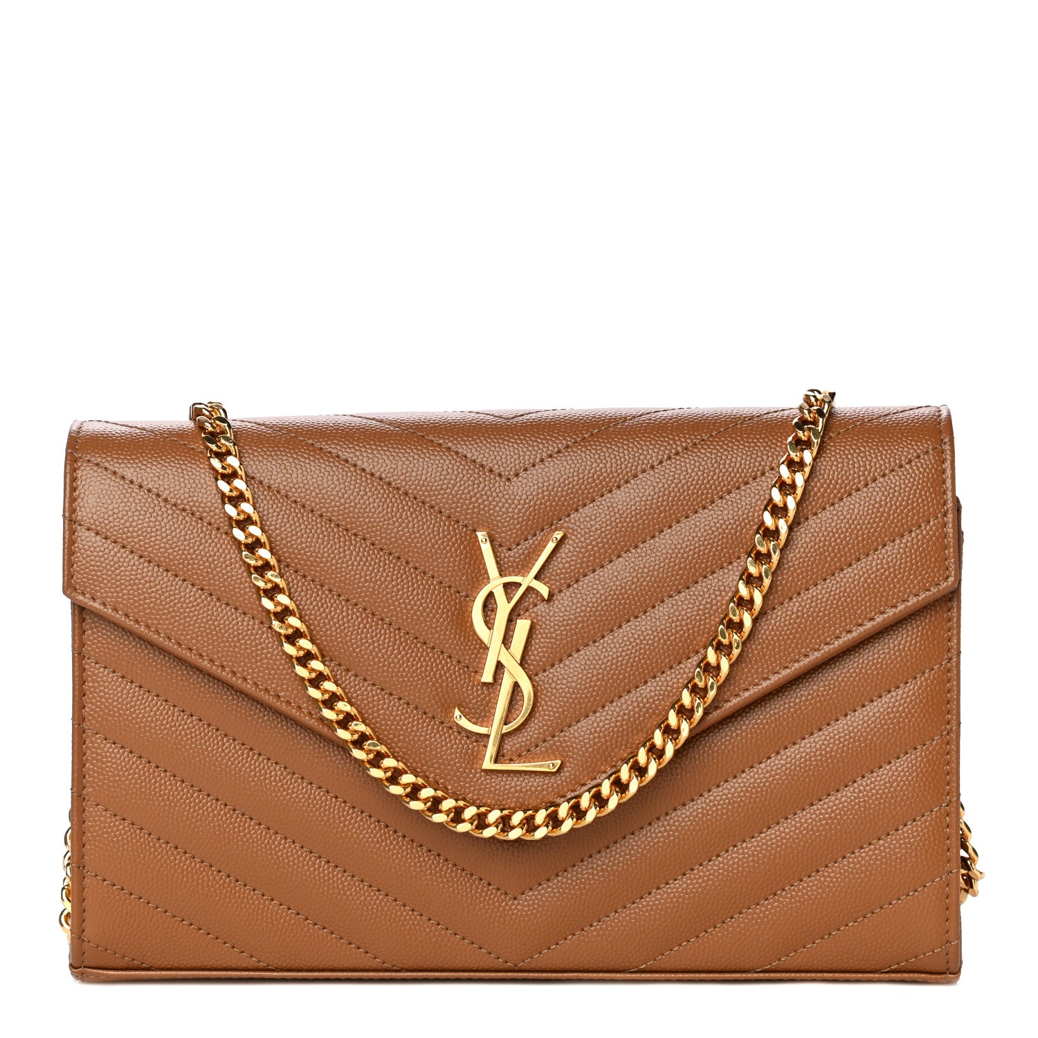 Saint Laurent Grain De Poudre Matelasse Chevron Monogram Chain Wallet Tan 1 of 11