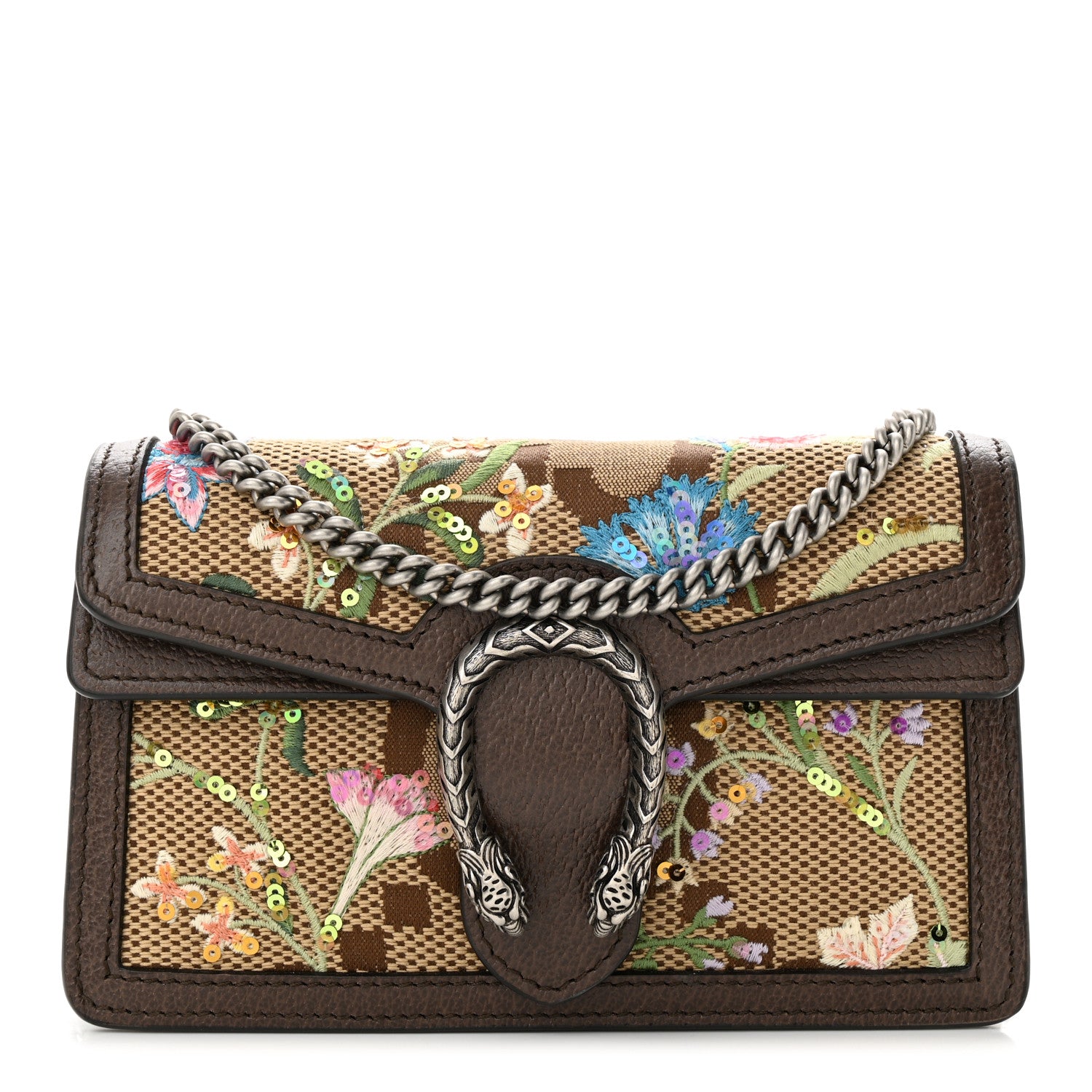 Gucci Monogram Jumbo GG Textured Dollar Calfskin Embroidered Super Mini Dionysus Shoulder Bag Camel Ebony New Acero Multicolor 1 of 14