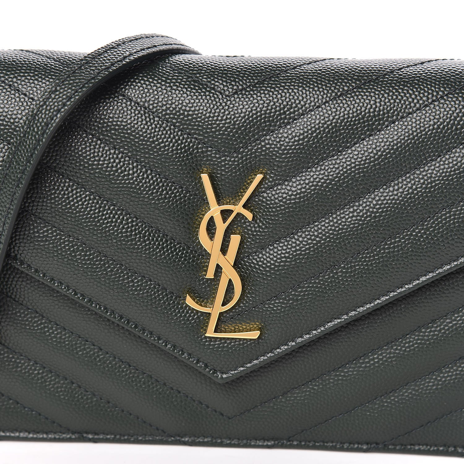Saint Laurent Grain De Poudre Matelasse Chevron Monogram Envelope Chain Wallet Dark Green 9 of 9