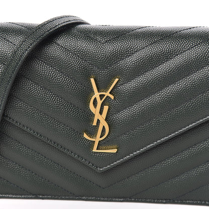 Saint Laurent Grain De Poudre Matelasse Chevron Monogram Envelope Chain Wallet Dark Green 9 of 9