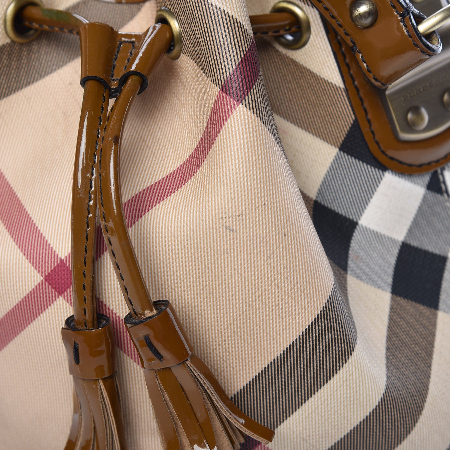Burberry Patent Trim Nova Check Drawstring Bucket Bag Brown 23 of 23