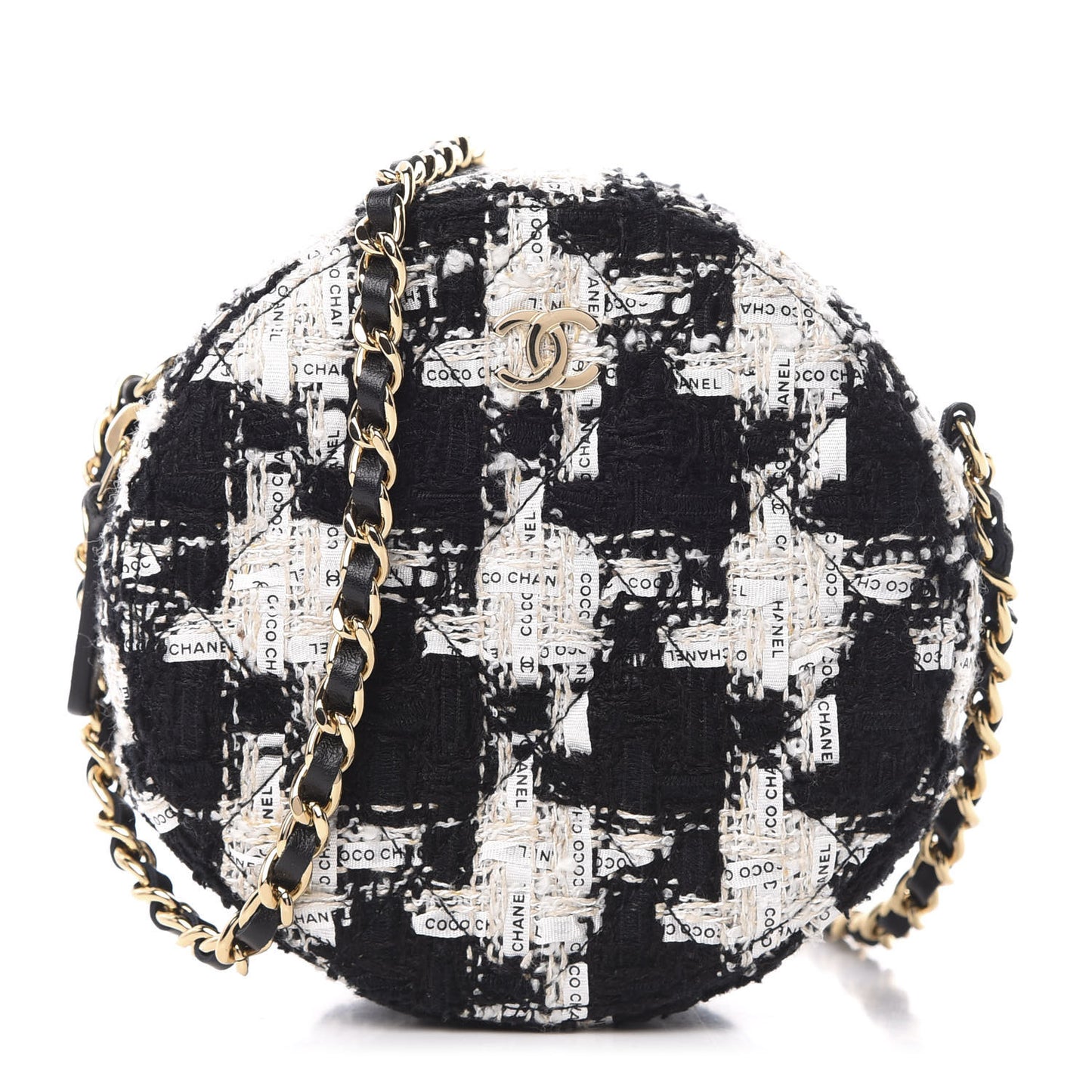 Tweed Round Clutch With Chain Black White