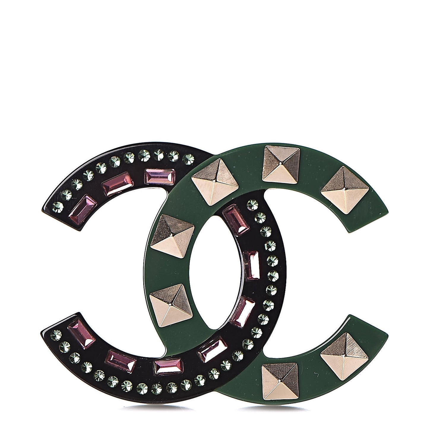 Resin Crystal Studded CC Brooch Green Multicolor