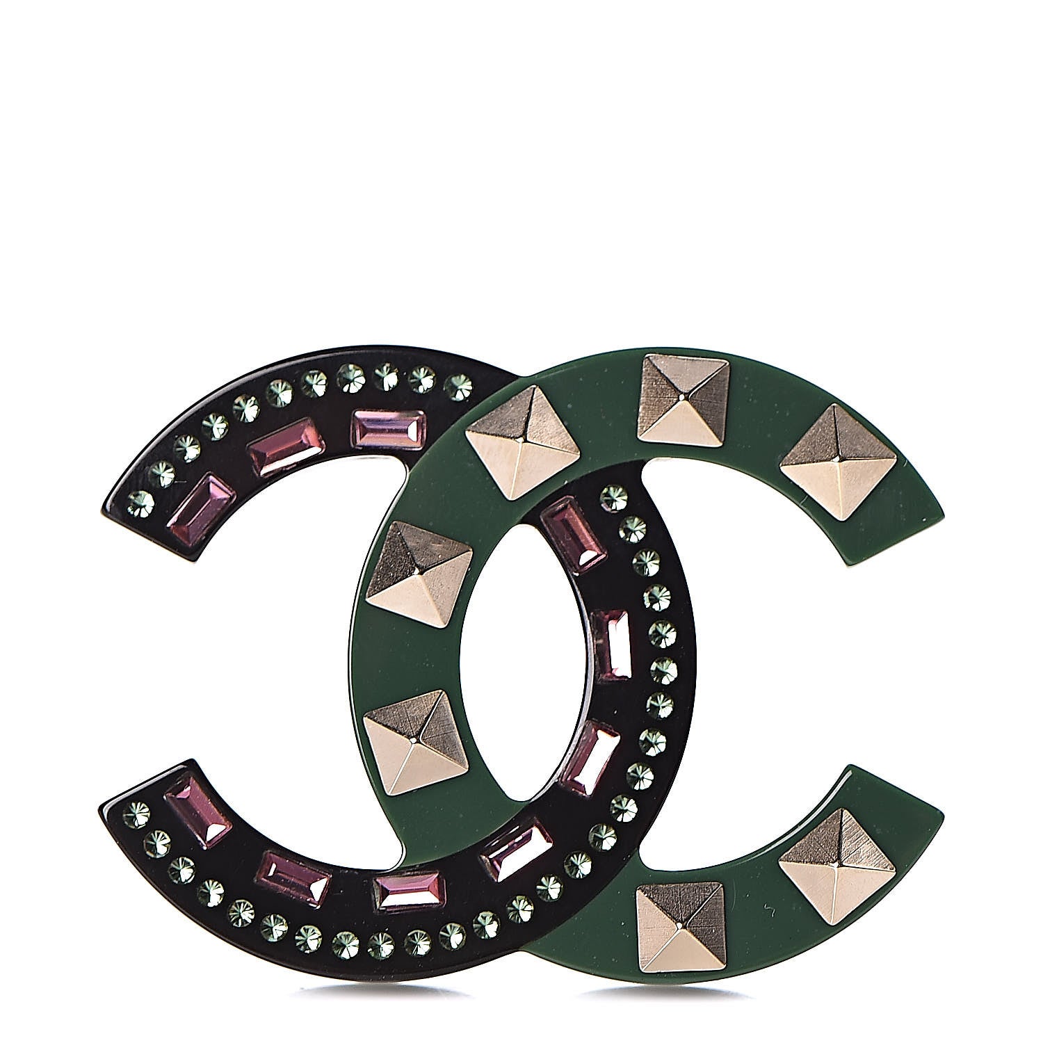Chanel Resin Crystal Studded CC Brooch Green Multicolor 1 of 4