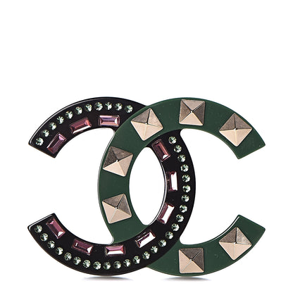 Chanel Resin Crystal Studded CC Brooch Green Multicolor 1 of 4
