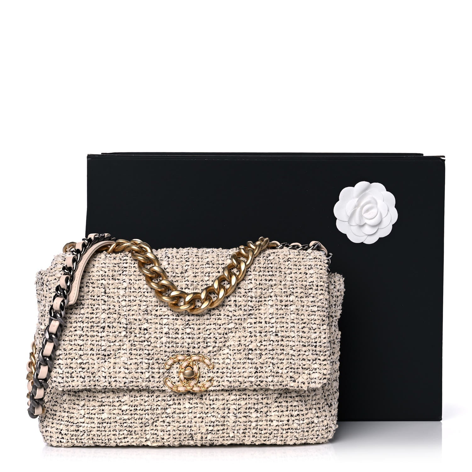 Chanel Tweed Quilted Large Chanel 19 Flap Ecru Black 10 of 10