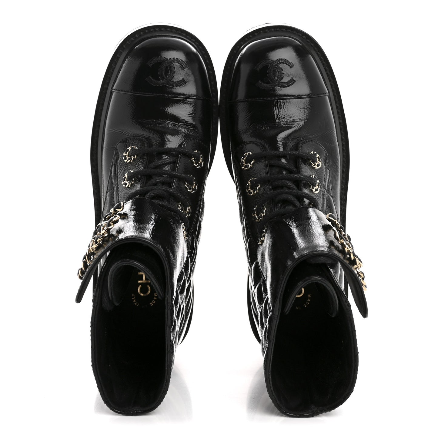 Shiny Goatskin Calfskin Quilted Lace Up Combat Boots 36.5 Black
