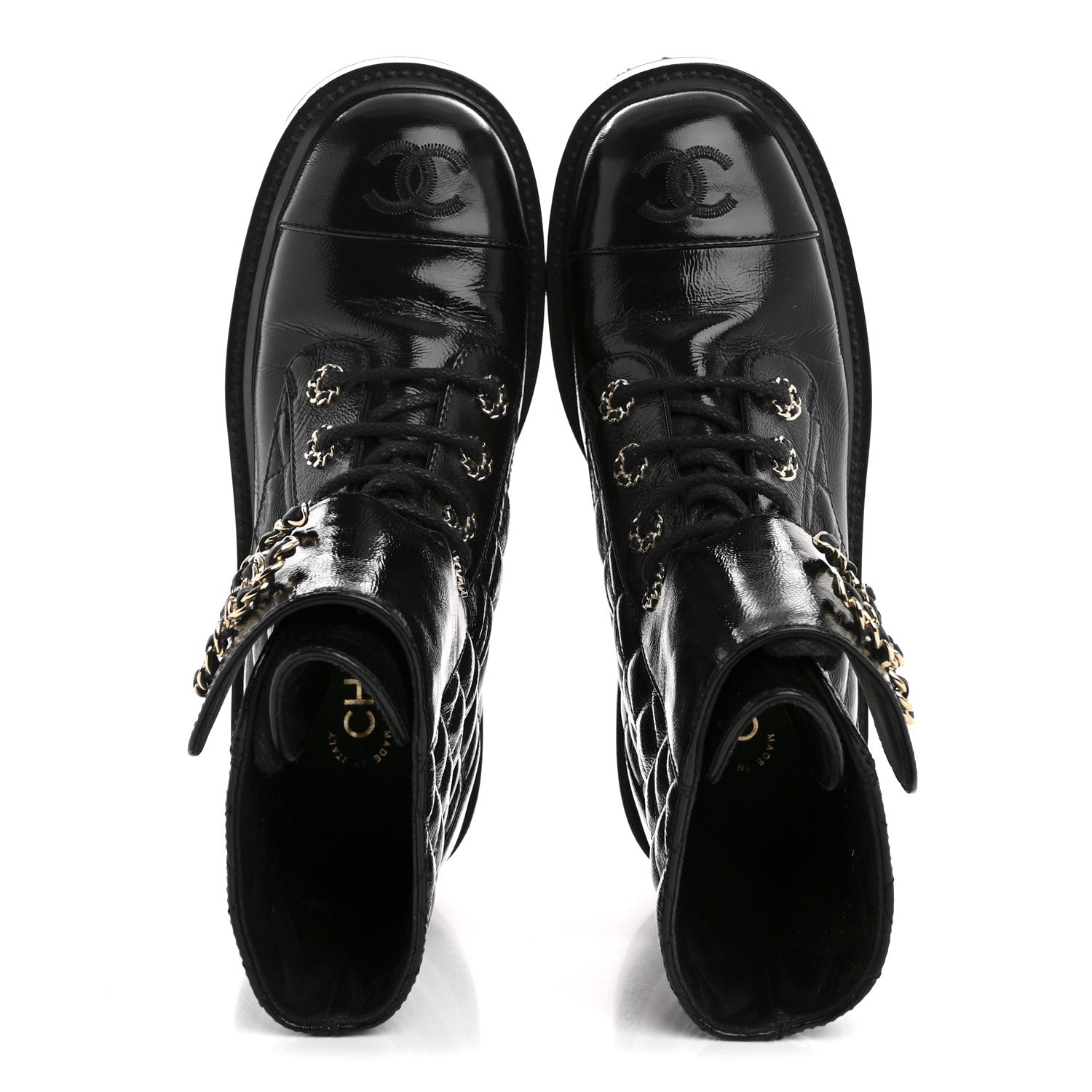 Chanel Shiny Goatskin Calfskin Quilted Lace Up Combat Boots 36.5 Black 2 of 9