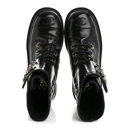 Chanel Shiny Goatskin Calfskin Quilted Lace Up Combat Boots 36.5 Black 2 of 9