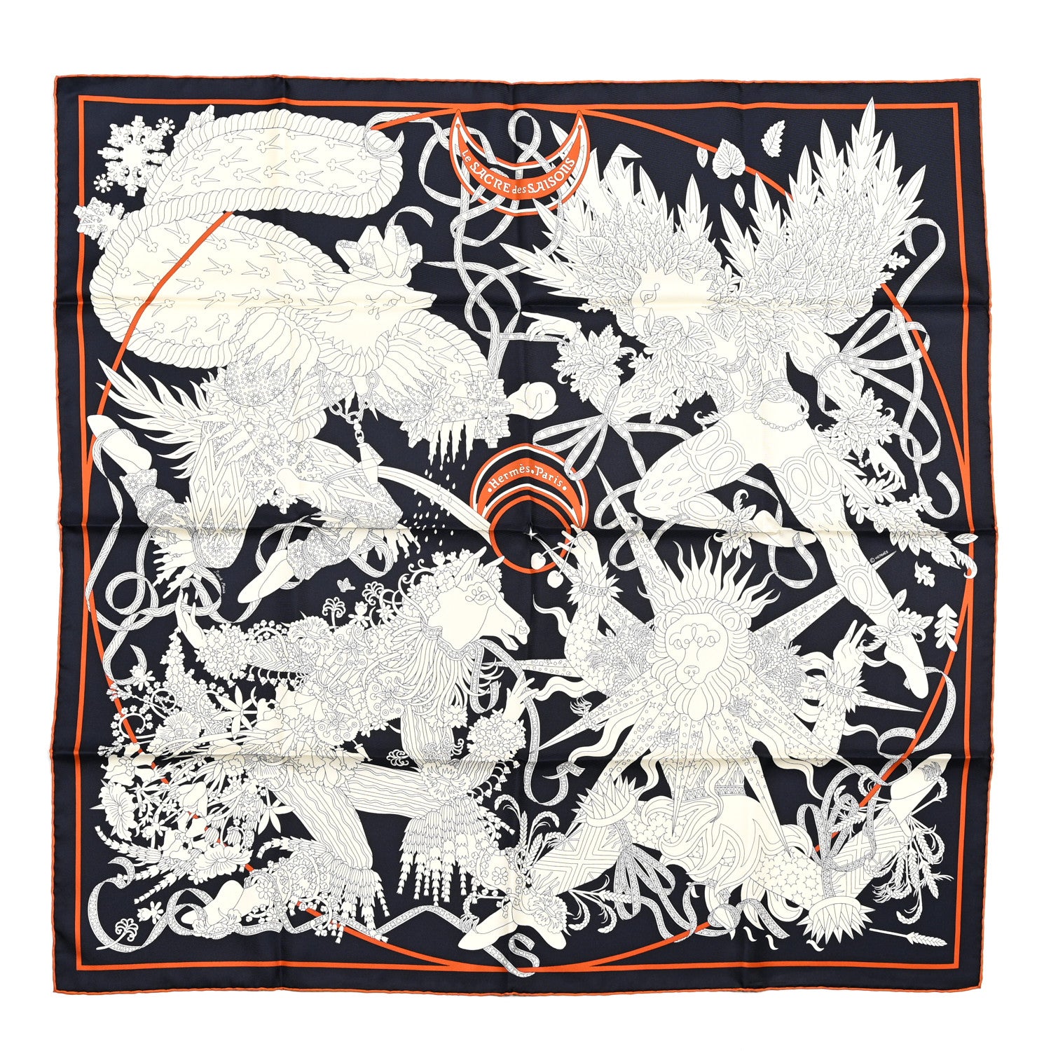 Hermes Silk Twill La Sacre Des Saisons Scarf 90 Bleu Black Creme Potiron 1 of 5