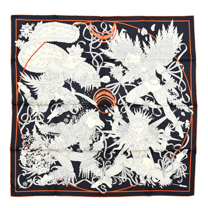 Hermes Silk Twill La Sacre Des Saisons Scarf 90 Bleu Black Creme Potiron 1 of 5