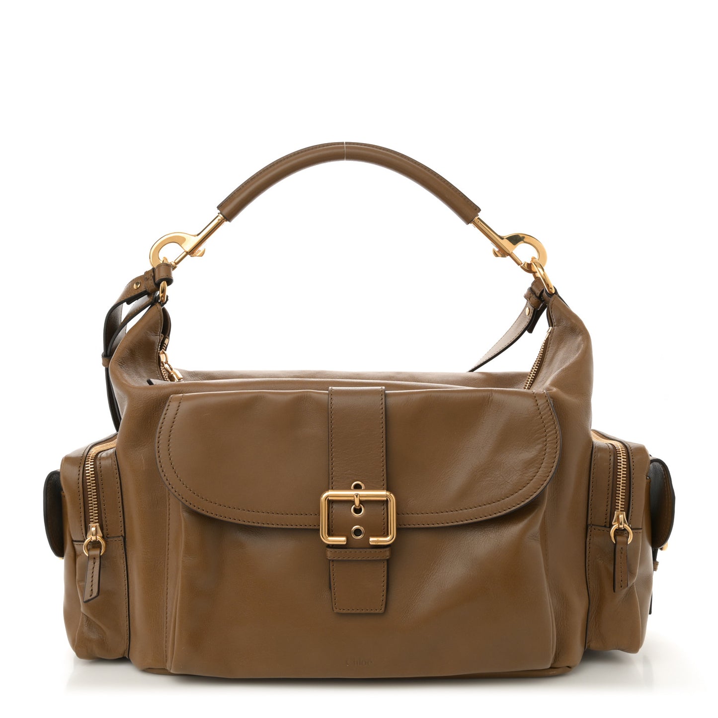 Shiny Calfskin Large Double Carrry Camera Bag Dark Khaki