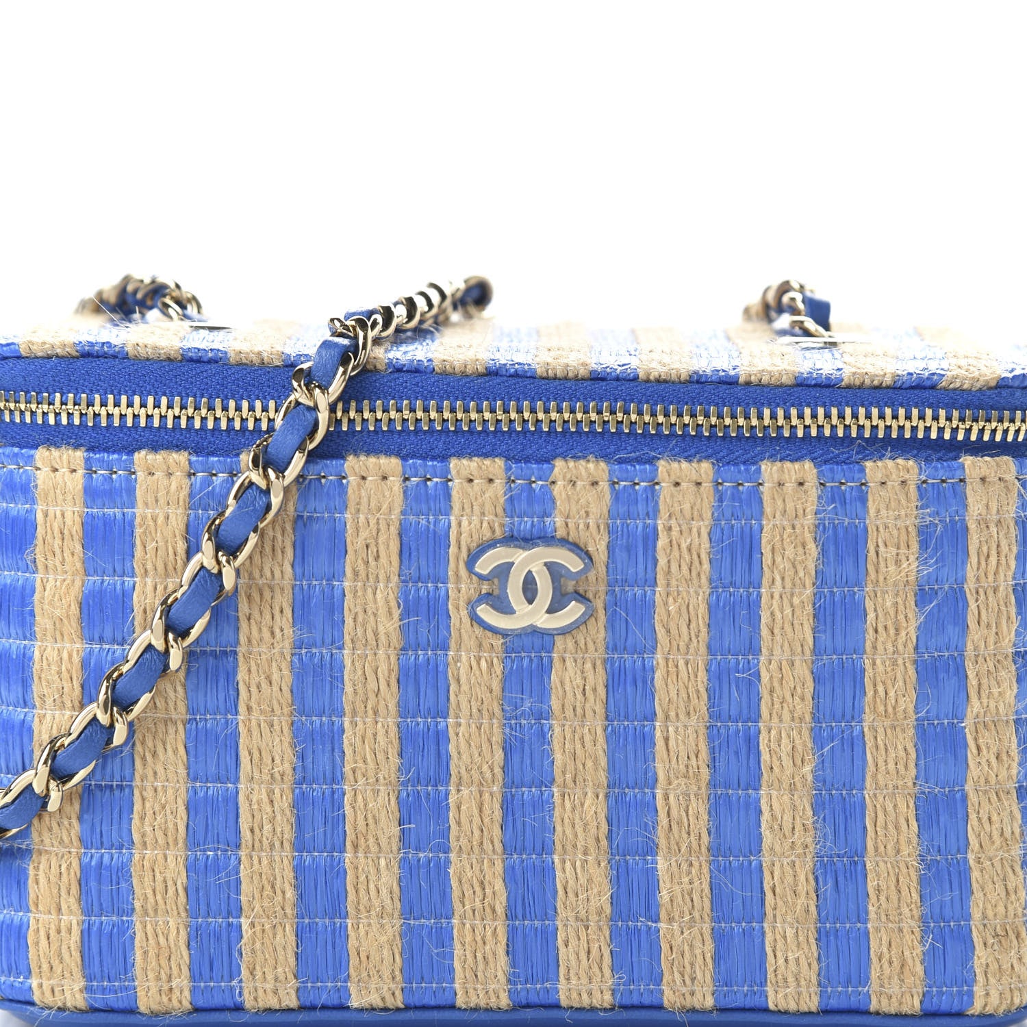 Chanel Striped Raffia Jute Vanity With Chain Blue Beige 10 of 11