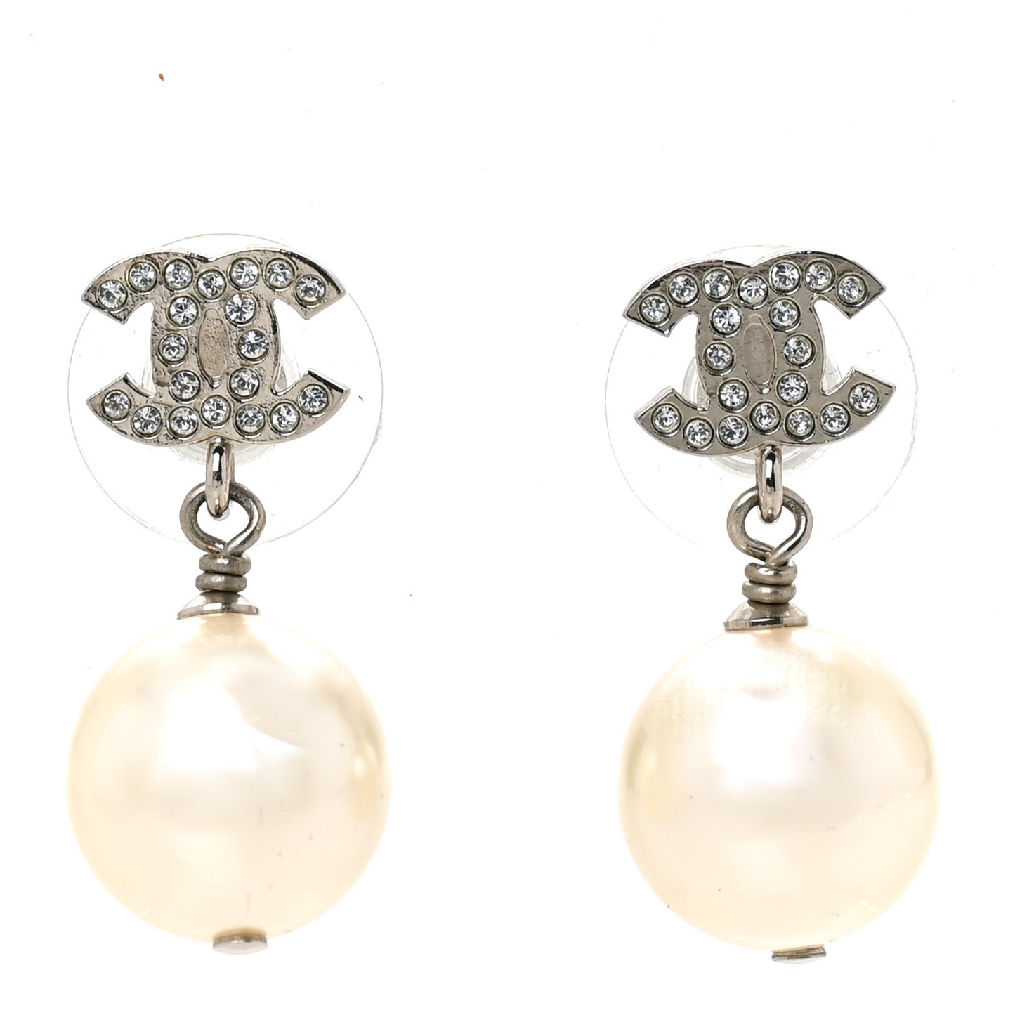 Crystal Pearl CC Drop Earrings Silver Pearly White
