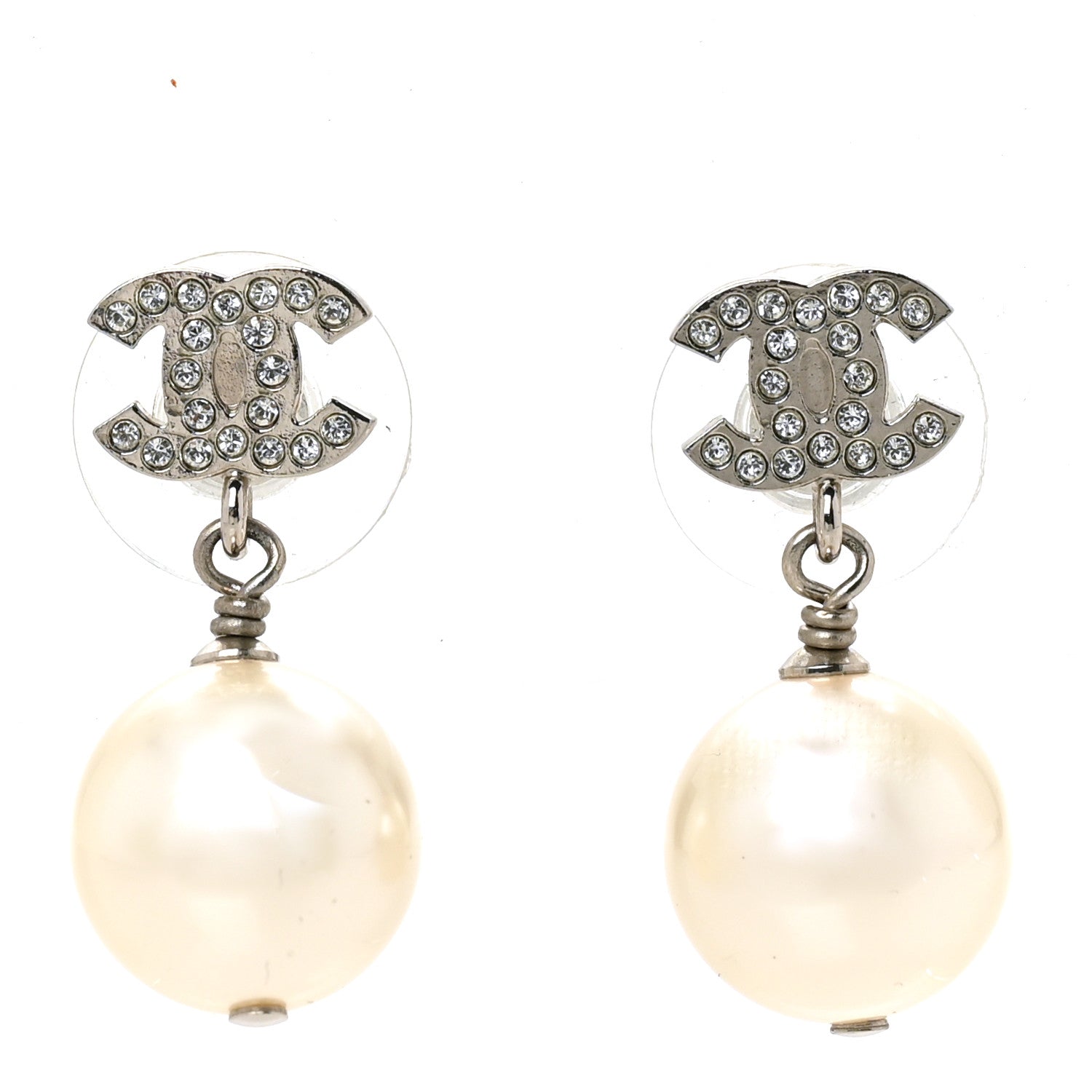 Chanel Crystal Pearl CC Drop Earrings Silver Pearly White 1 of 5