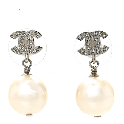 Chanel Crystal Pearl CC Drop Earrings Silver Pearly White 1 of 5