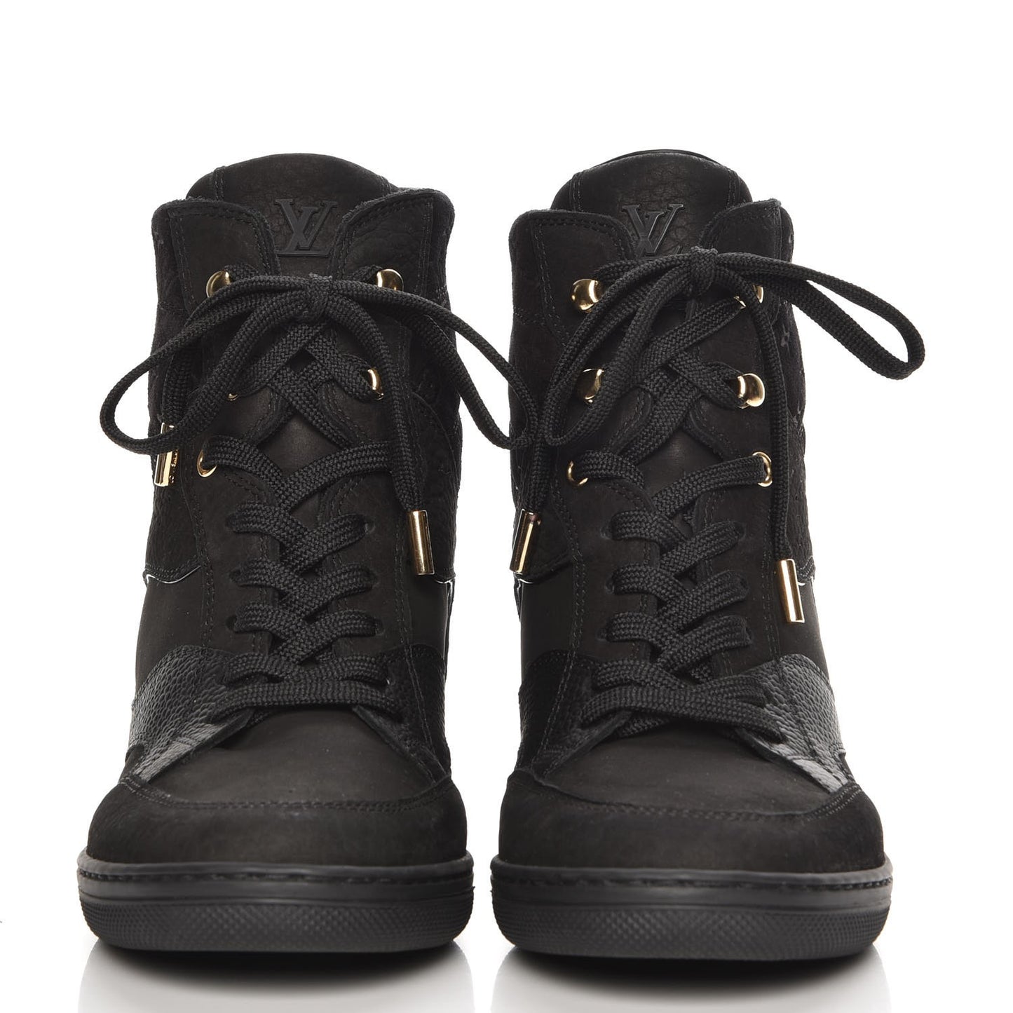 Calfskin Suede Monogram Cliff Top Wedge Sneakers 36 Black