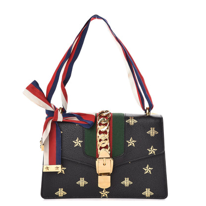 Gucci Textured Calfskin Bee Star Print Small Sylvie Shoulder Bag Black 1 of 10