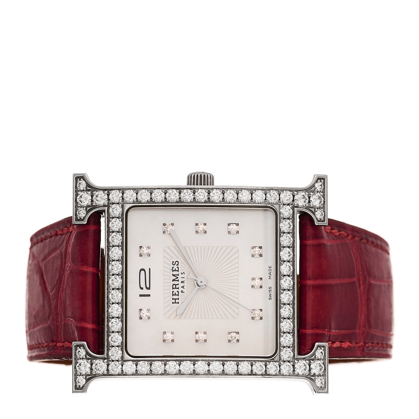 Stainless Steel Alligator Diamond Bezel Mother of Pearl 30.5mm Heure H Hour Quartz Watch Braise