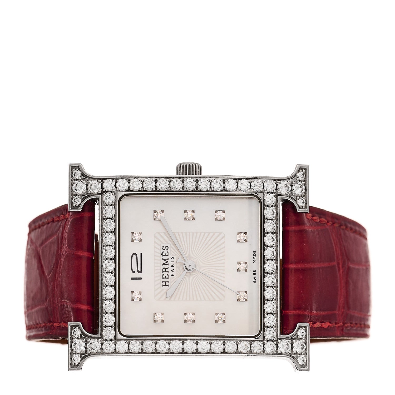 Hermes Stainless Steel Alligator Diamond Bezel Mother of Pearl 30.5mm Heure H Hour Quartz Watch Braise 2 of 4