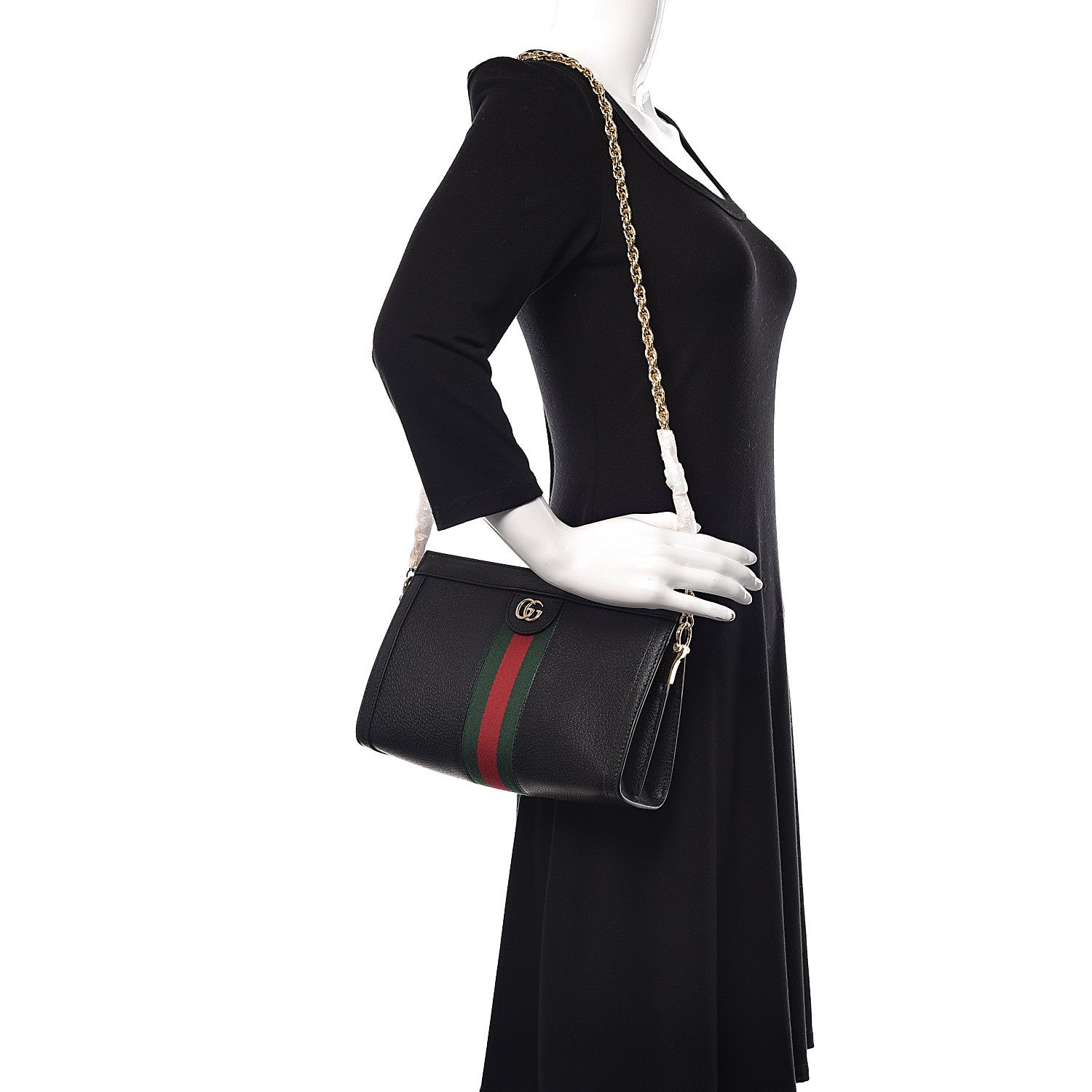 Gucci Calfskin GG Web Small Ophidia Chain Shoulder Bag Black 2 of 10
