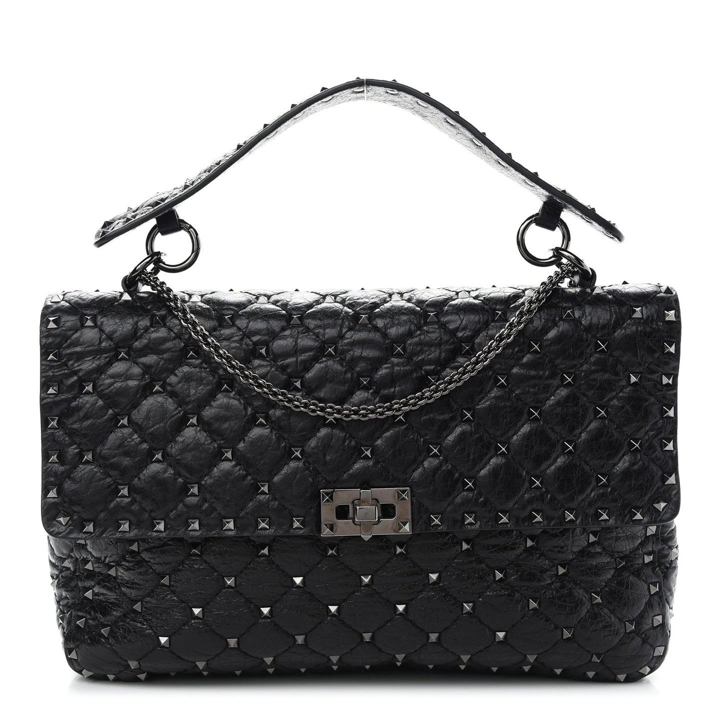 Craquele Nappa Large Rockstud Spike Shoulder Bag Black