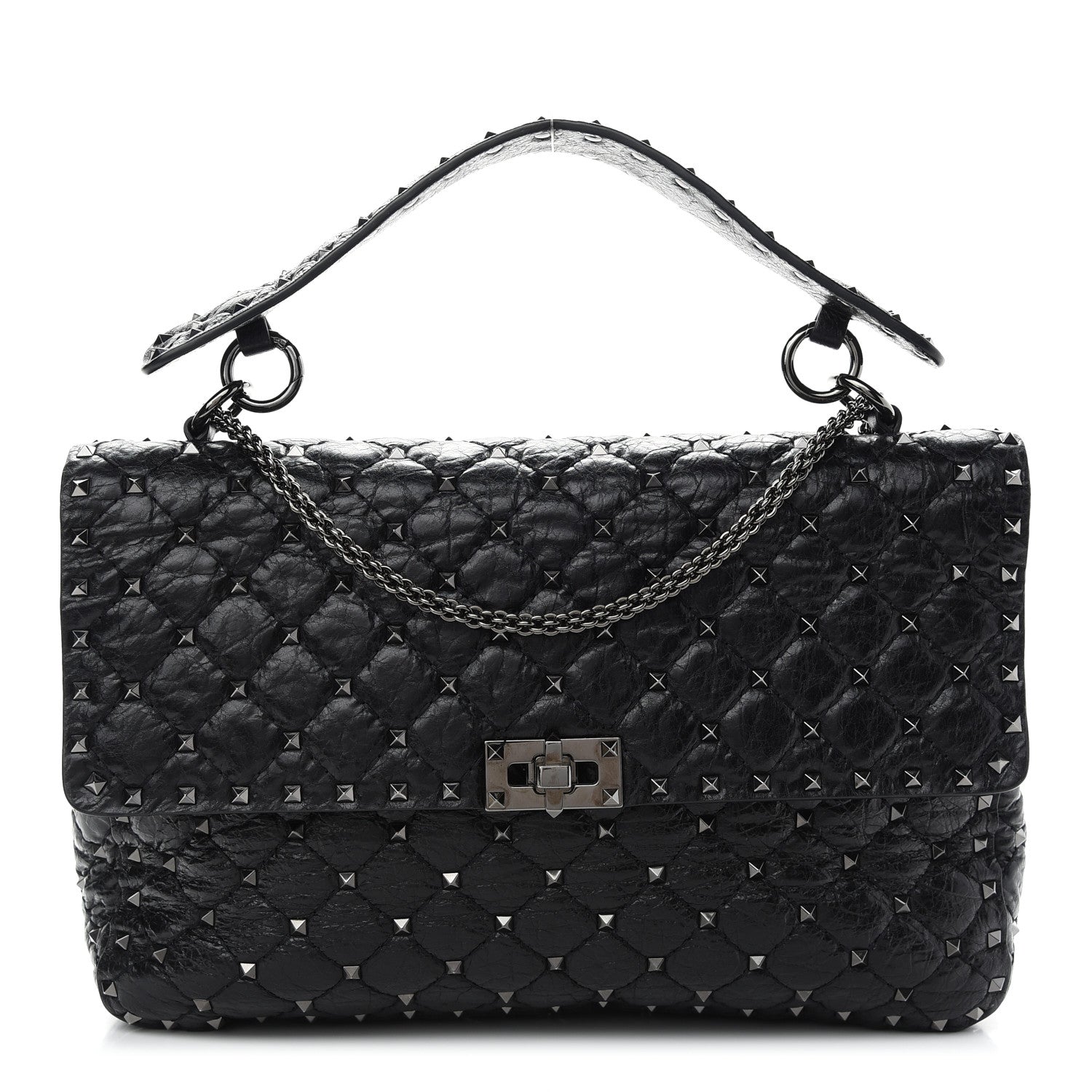 Valentino Garavani Craquele Nappa Large Rockstud Spike Shoulder Bag Black 1 of 8