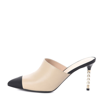 Chanel Lambskin Grosgrain Cap Toe Pearl Mule 40 Beige Black 1 of 7