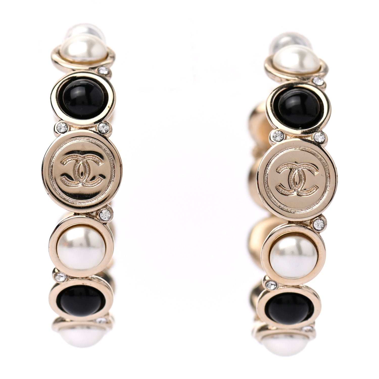 Chanel Crystal Pearl Metal Resin Polka Dot Hoop Earrings Gold Black 1 of 4