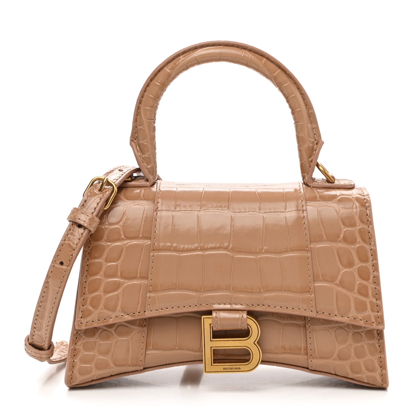 Shiny Calfskin Crocodile Embossed Hourglass Top Handle Bag XS Nude Beige