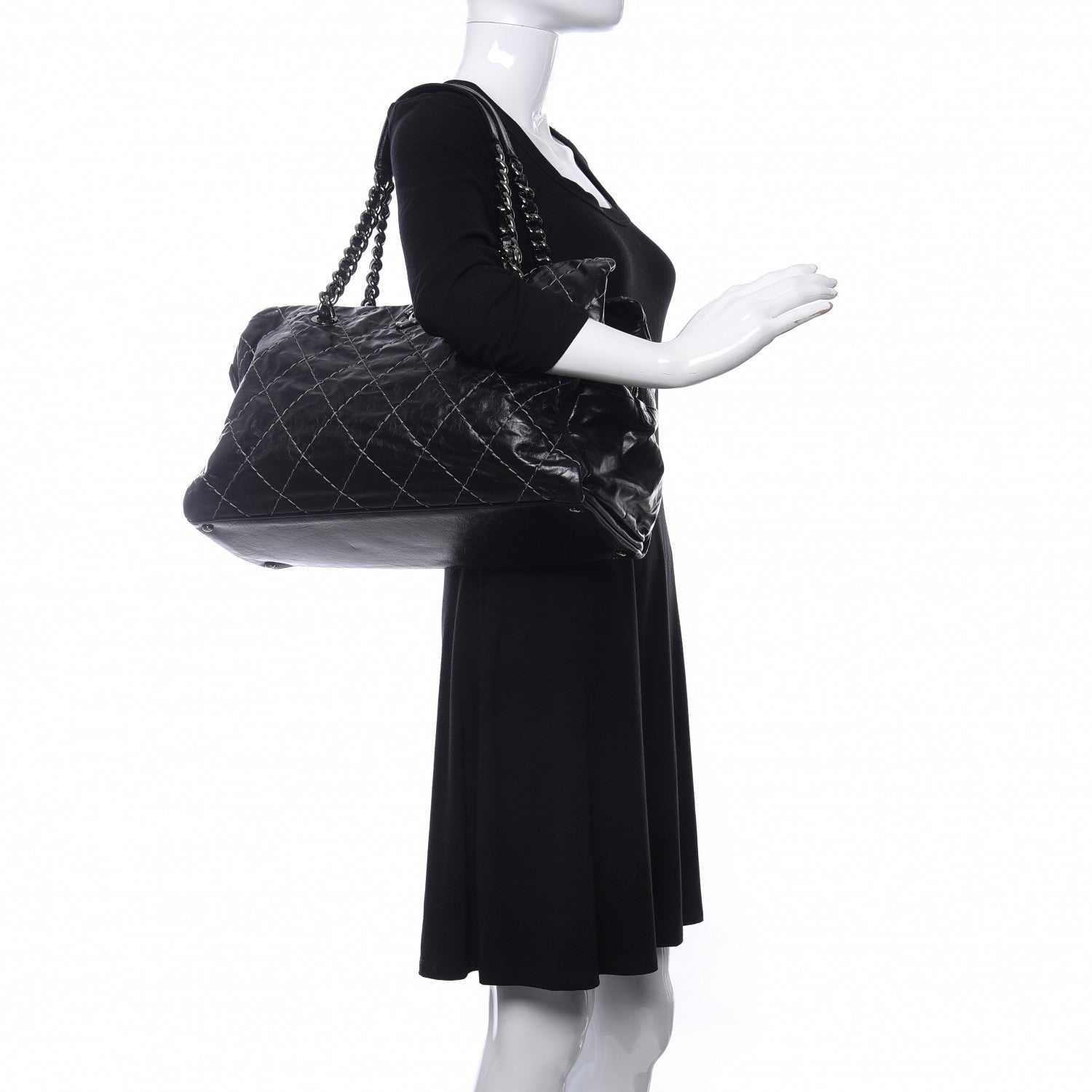 Chanel Glazed Goatskin Double Contrast Stitch Large Tote Black 2 of 11