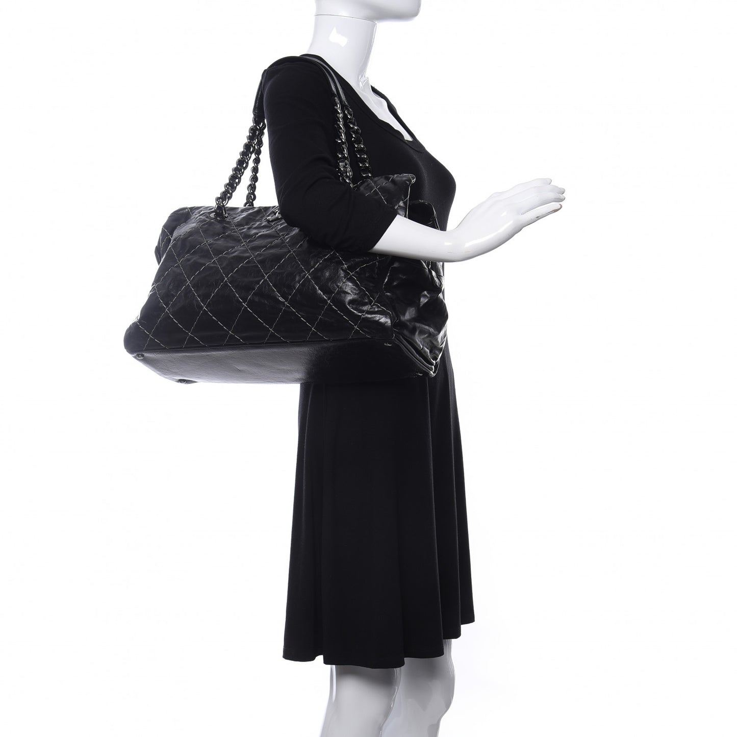 Glazed Goatskin Double Contrast Stitch Large Tote Black