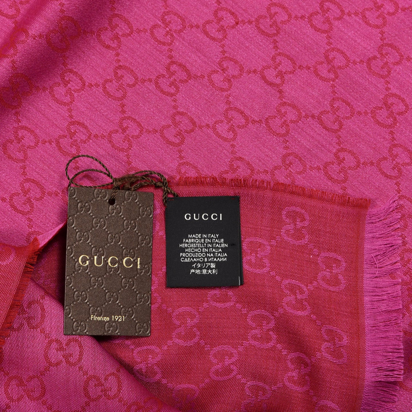 Wool Silk GG Monogram GGWeblong Fringe Scarf Shawl Red Pink
