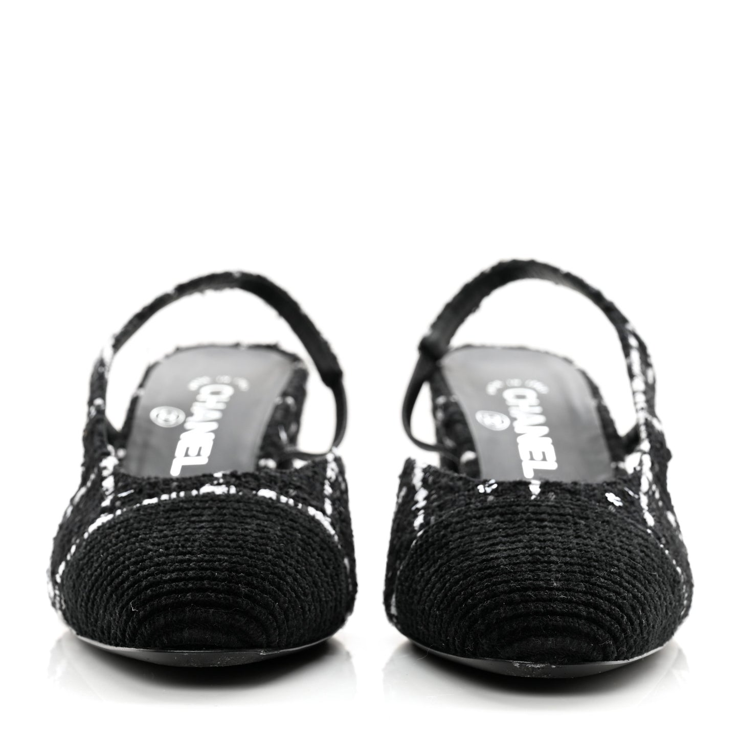 Tweed Sequins Corduroy Cap Toe CC Slingback Pumps 38 Black White