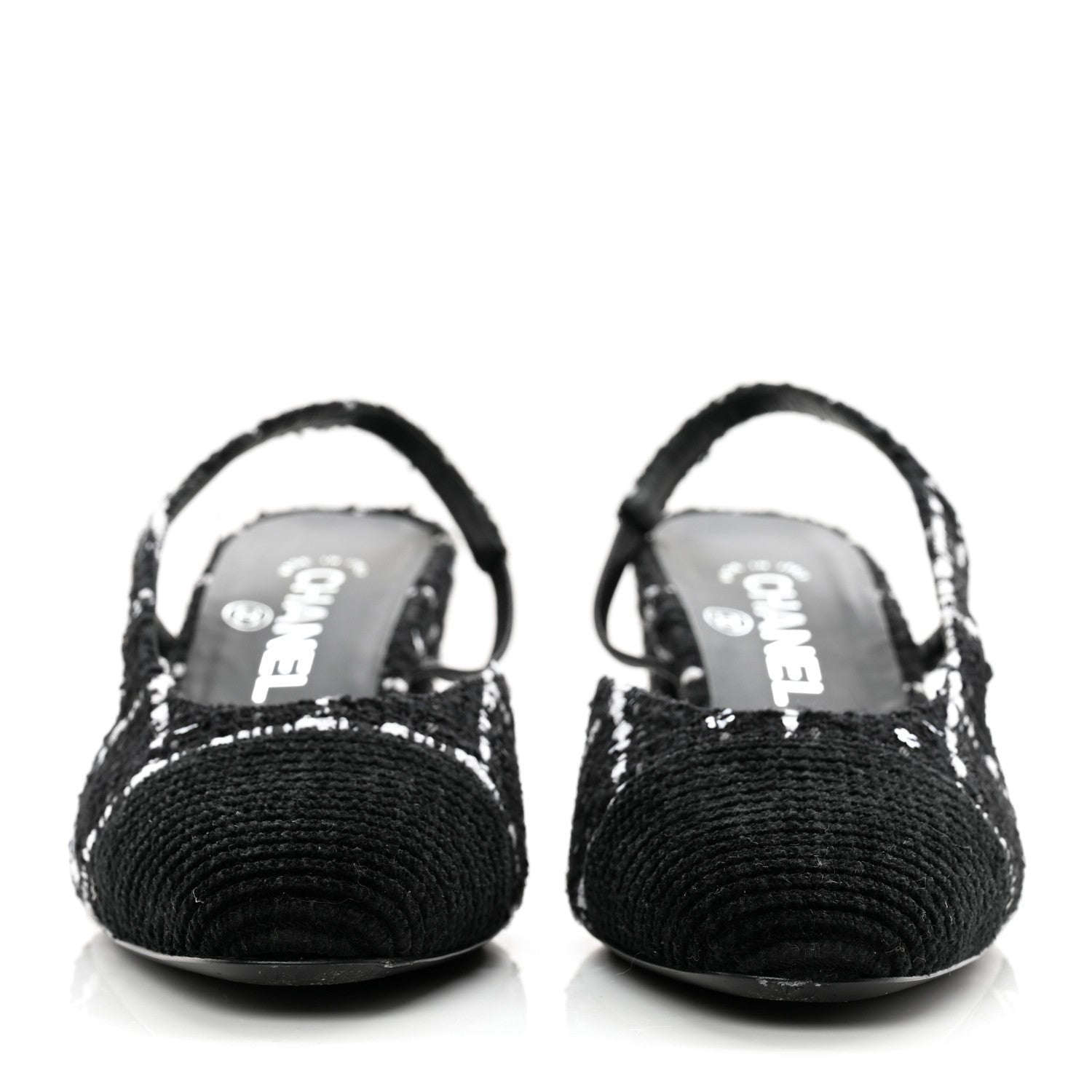 Chanel Tweed Sequins Corduroy Cap Toe CC Slingback Pumps 38 Black White 2 of 14