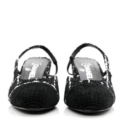 Chanel Tweed Sequins Corduroy Cap Toe CC Slingback Pumps 38 Black White 2 of 14