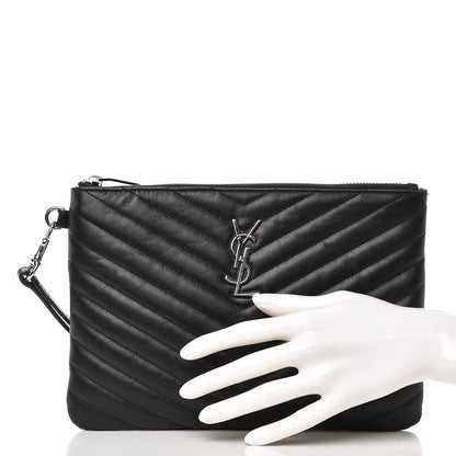 Saint Laurent Calfskin Matelasse Chevron Monogram A5 Wristlet Black 2 of 7