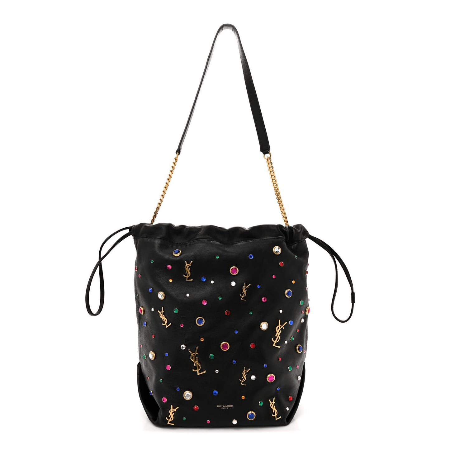 Lambskin Charm Studded Teddy Drawstring Bag Black