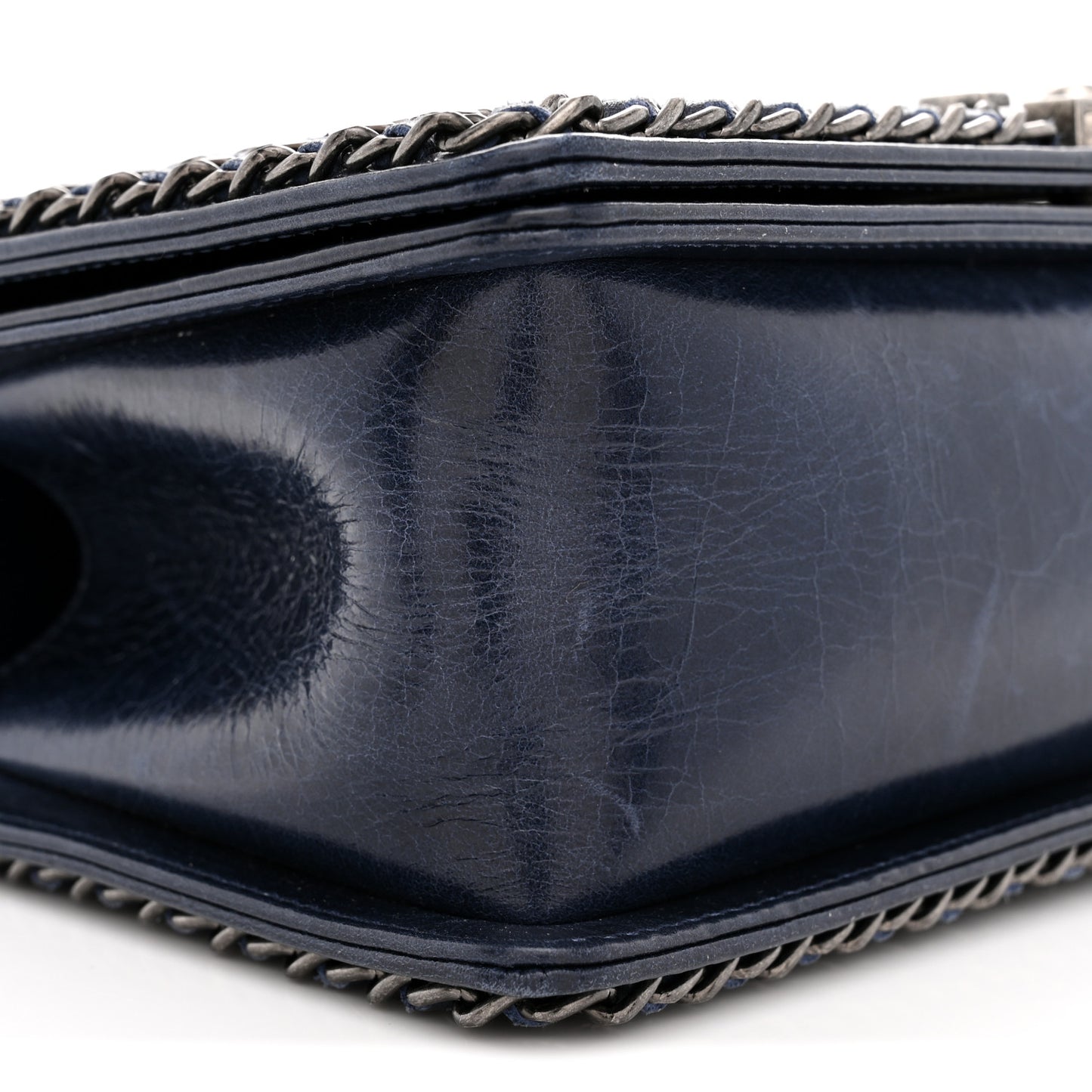 Glazed Calfskin Quilted Medium Boy Chained Flap Blue