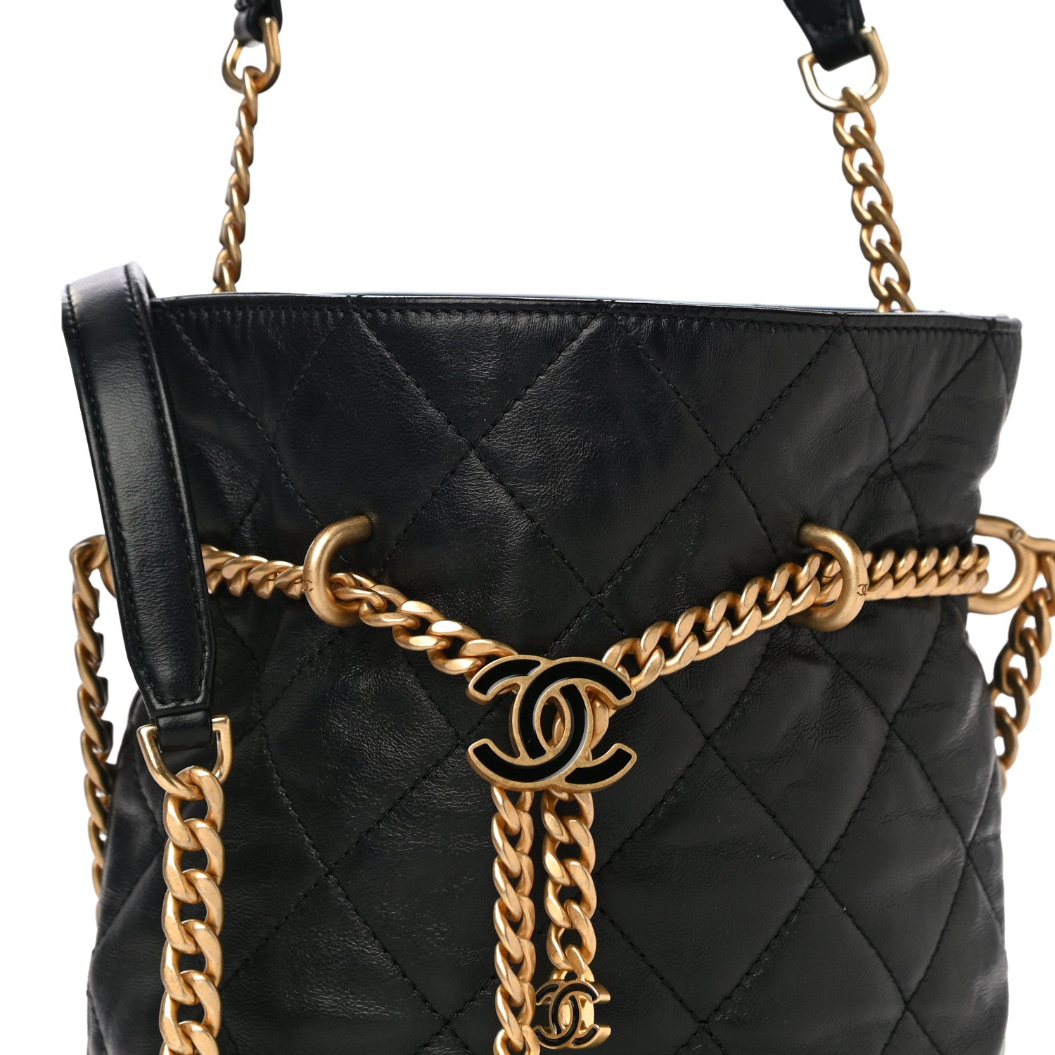 Chanel Lambskin Enamel Quilted Pending CC Bucket Drawstring Bag Black 8 of 15