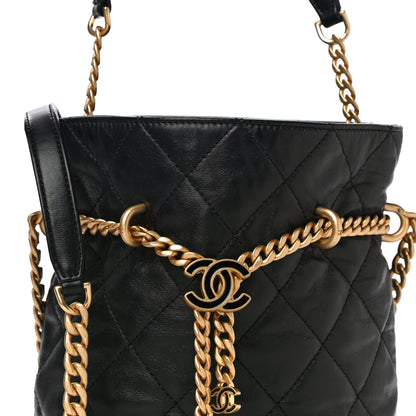 Chanel Lambskin Enamel Quilted Pending CC Bucket Drawstring Bag Black 8 of 15